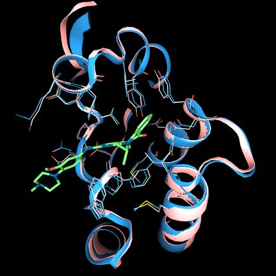 Predicted and experimental protein structures overlaid, with a bound ligand